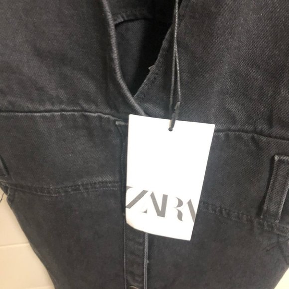 ZARA Black Denim Midi Pinafore Overall Button Down Dress Size XS NWT - Picture 10 of 14